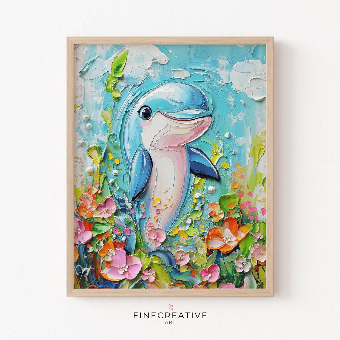 Baby Dolphin with Coral Flowers Turquoise Impasto Painting Poster