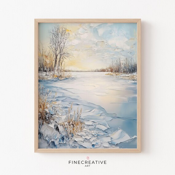 Frozen Lake Impasto Blue And Cream Winter Landscape Artwork Poster