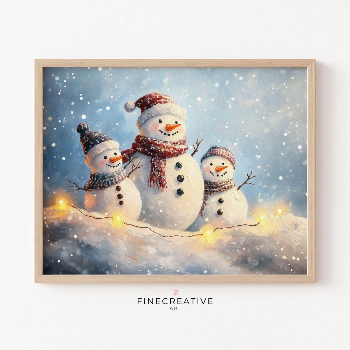 Three Snowmen Family With Fairy Lights In Snow Scene Artwork Poster