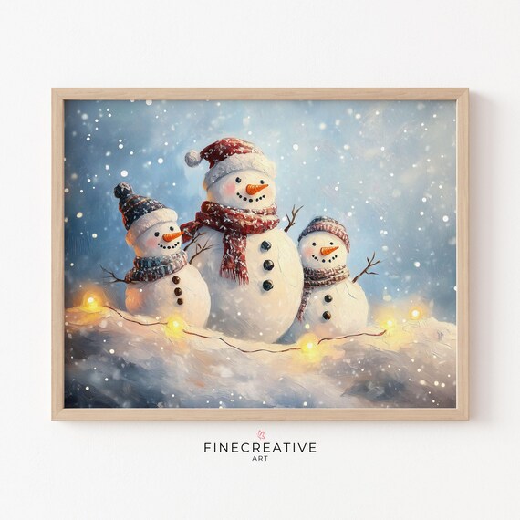 Three Snowmen Family With Fairy Lights In Snow Scene Artwork Poster