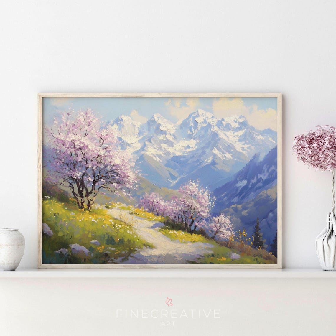 Cherry Blossom Trail Toward Snow Capped Mountain Peaks Print - Image 4