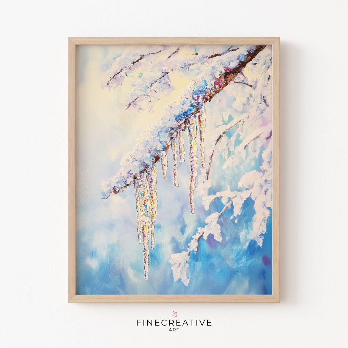 Sparkling Icicles Hanging On Snow Covered Branch Artwork Poster