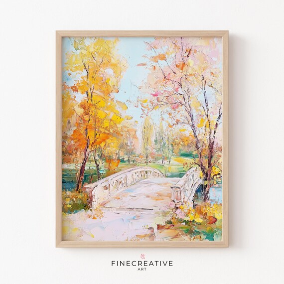 White Bridge Autumn Park Golden Trees Peaceful Painting Poster