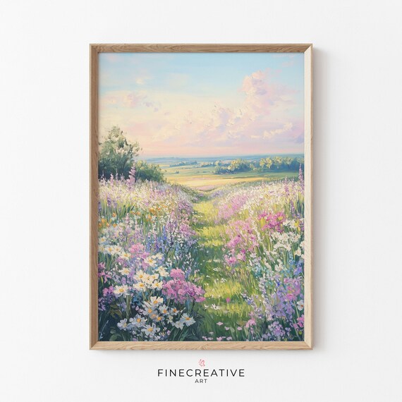 Wildflower Meadow Path Sunset Valley Pink Purple Bloom Painting Poster