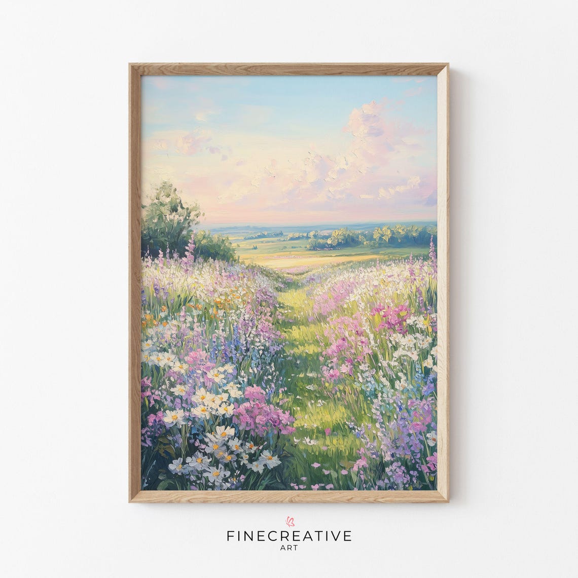 Wildflower Meadow Path Sunset Valley Pink Purple Bloom Painting Poster