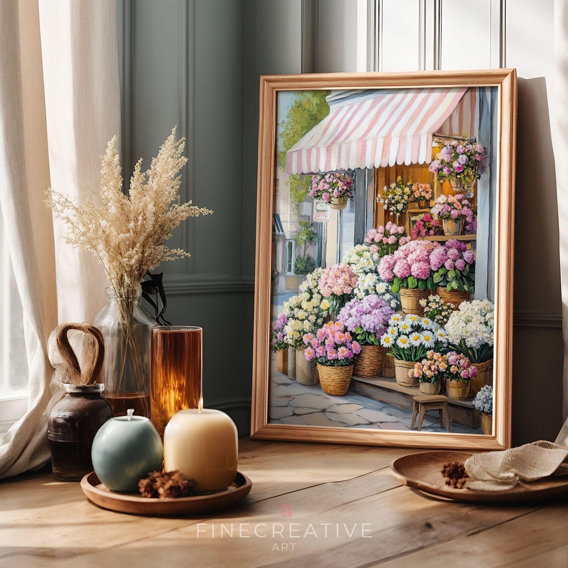 Vintage Flower Shop Storefront Striped Awning Spring Floral Print - Image 3