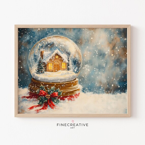 Snow Globe With Cozy Cottage Tied With Holly Bow Painting Poster