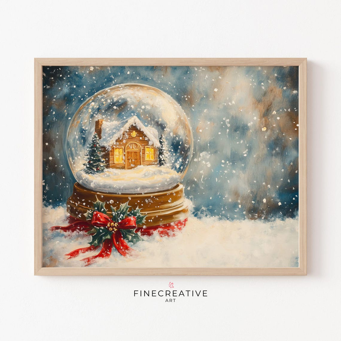 Snow Globe With Cozy Cottage Tied With Holly Bow Painting Poster