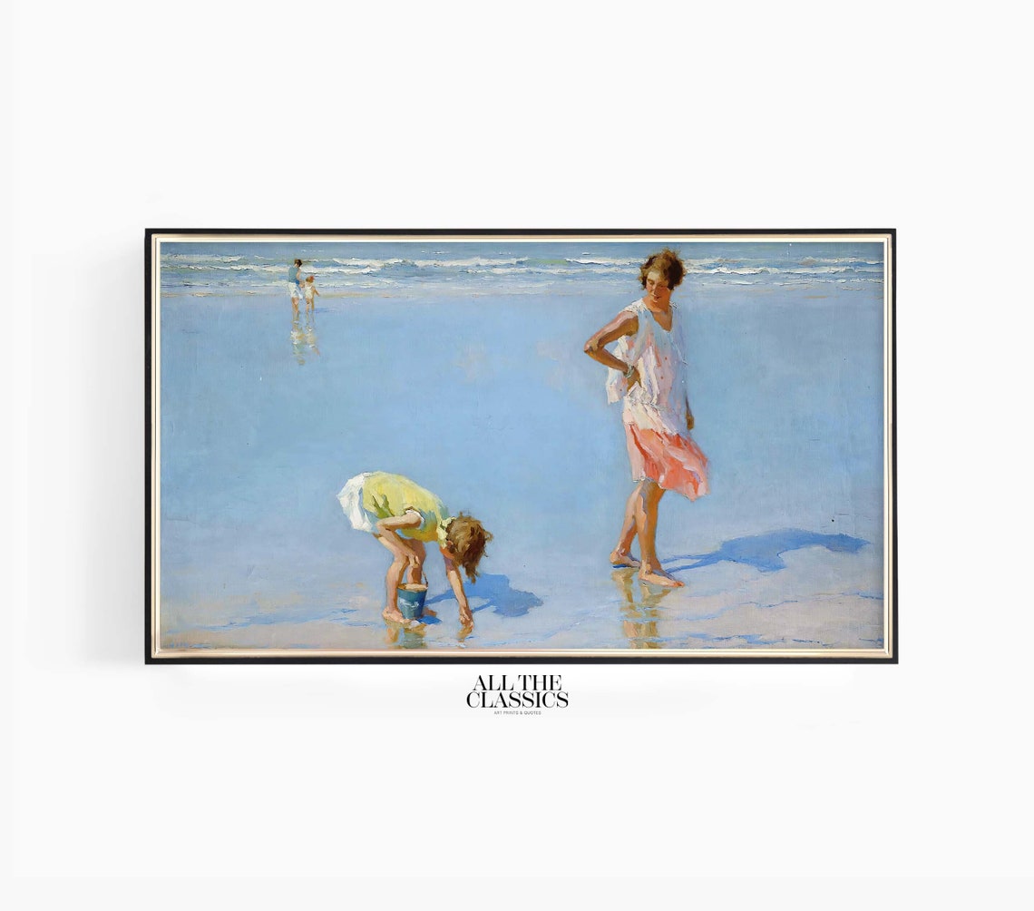 Mother and Child with a Bucket on a Pale Blue Beach Vintage Poster