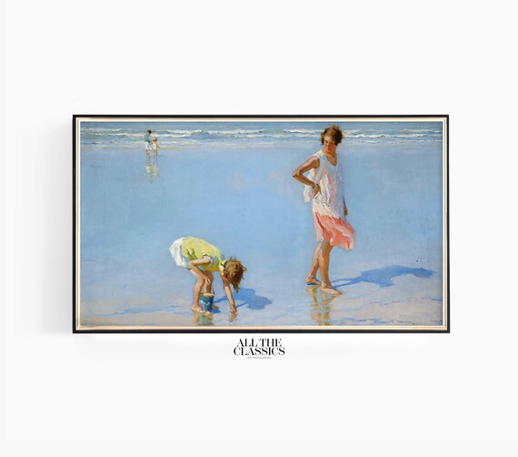 Mother and Child with a Bucket on a Pale Blue Beach Vintage Poster