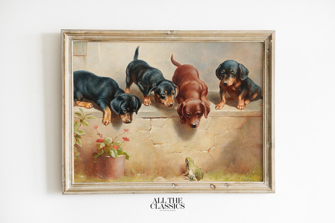 Four Dachshund Puppies Watching Frog Cute Vintage Dog Painting Poster
