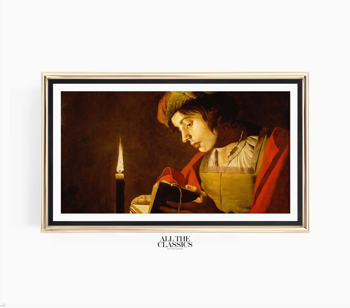 Matthias Stom A Young Man Reading By Candlelight Baroque Portrait Poster - Image 3