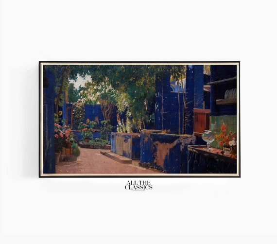Frame Tv Art Vintage Art Wall Art Rustic Spanish Courtyard Bold Blue Hues Blue Courtyard Santiago Rusiol