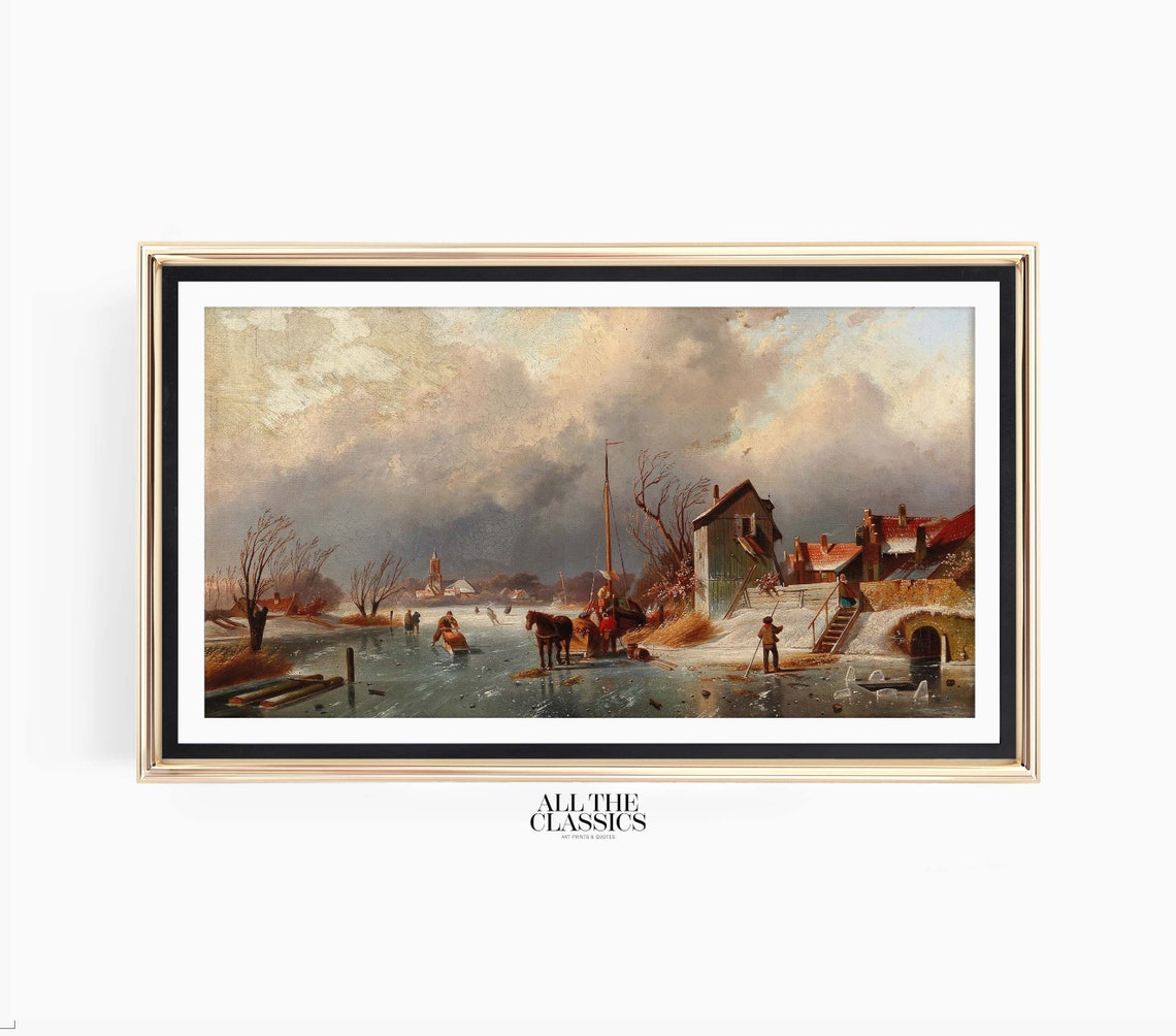 Frozen Canal Winter Horse Sled Ice Skaters Village Painting Poster - Image 3