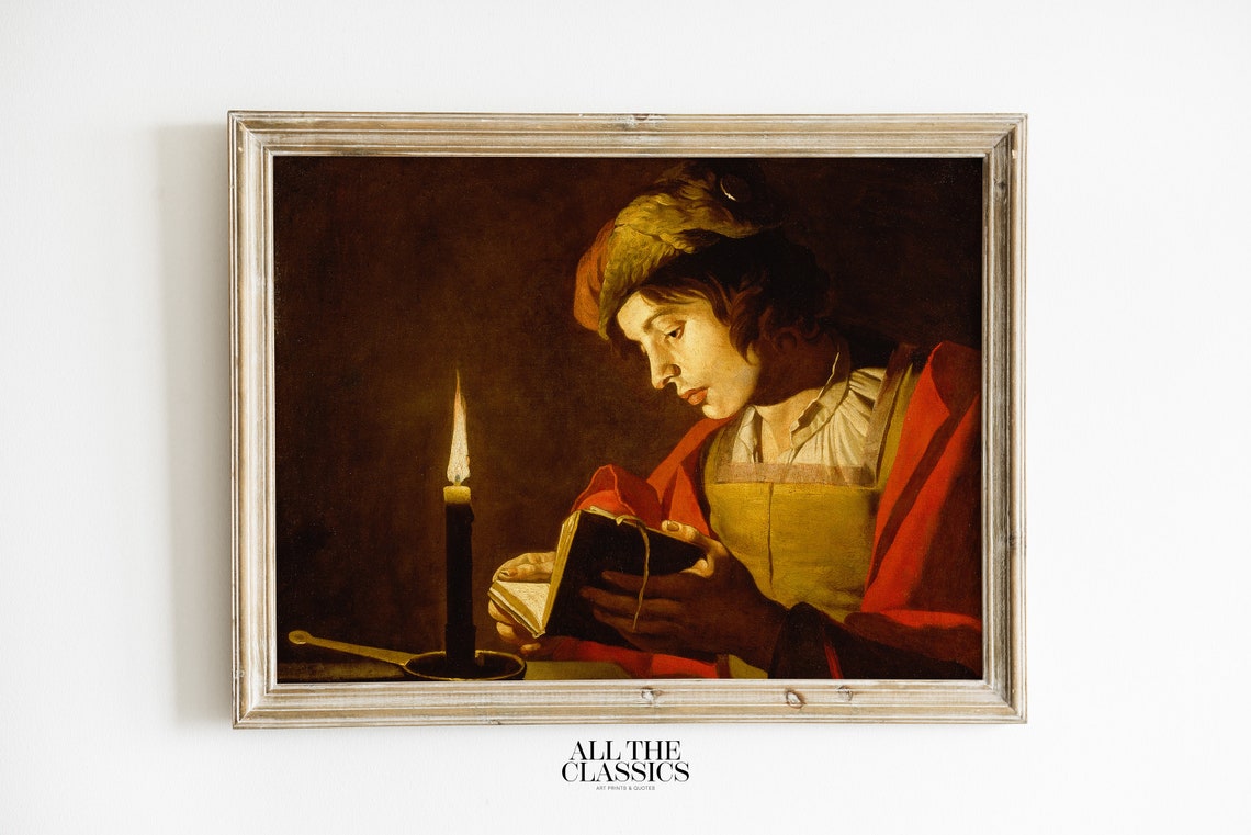 Baroque Young Man Reading By Candlelight Chiaroscuro Art Poster