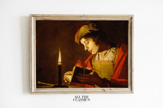 Vintage Art Print Wall Art Dark Academia Moody Baroque Male Portrait A Young Man Reading By Candlelight Matthias Stom