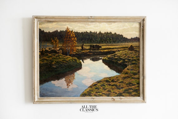 Vintage Art Print Wall Art Moody Fall Landscape Dark Warm Colors Autumn Ploughing In The Marshland Ester Almqvist