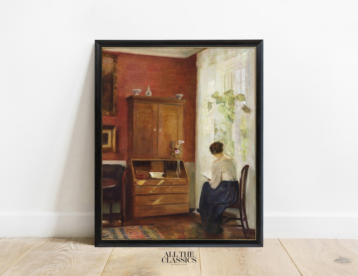 Woman Reading By Sunlit Window Rustic Interior Vintage Painting Poster - Image 3