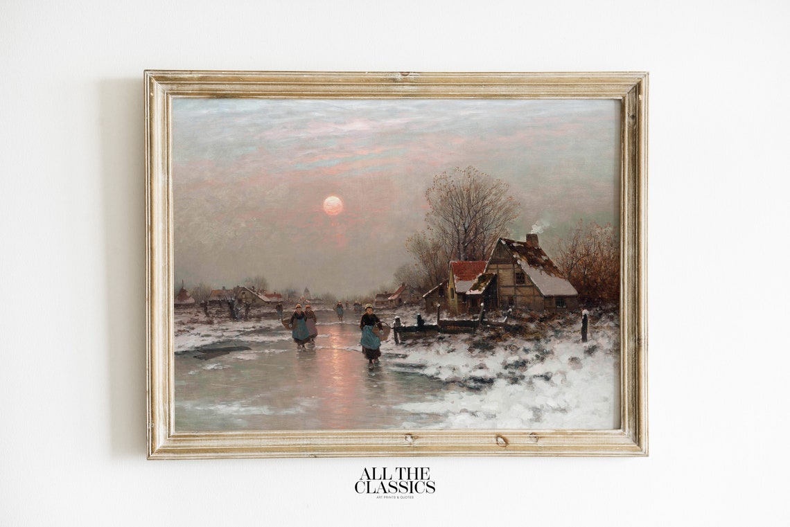 Dutch Winter Canal Sunset Skaters Cottages Vintage Landscape Poster