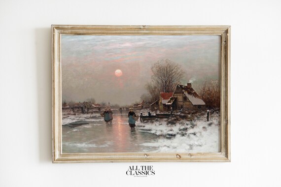 Dutch Winter Canal Sunset Skaters Cottages Vintage Landscape Poster