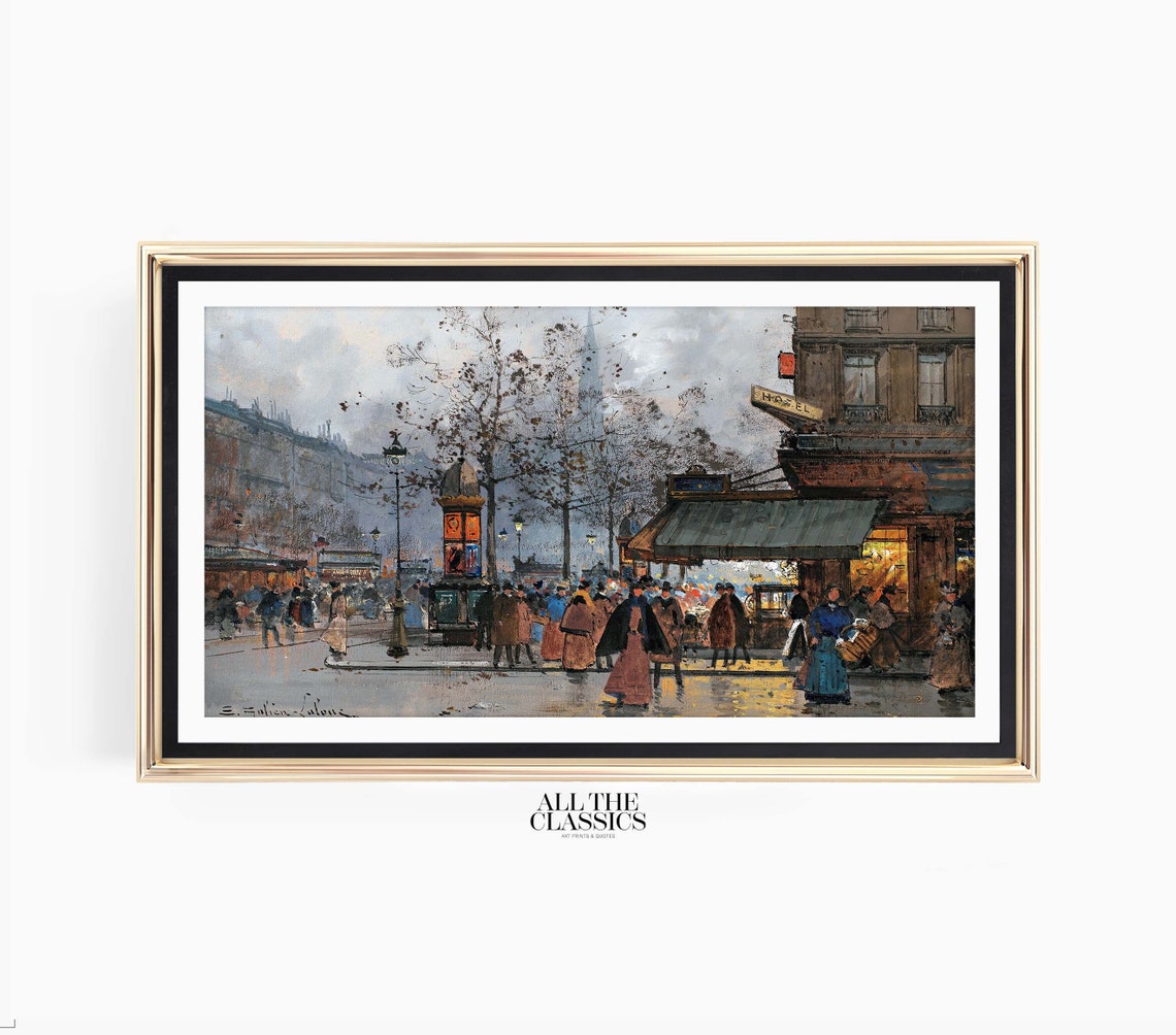Rainy Paris Street Scene With Umbrella Crowds Vintage City Poster - Image 3