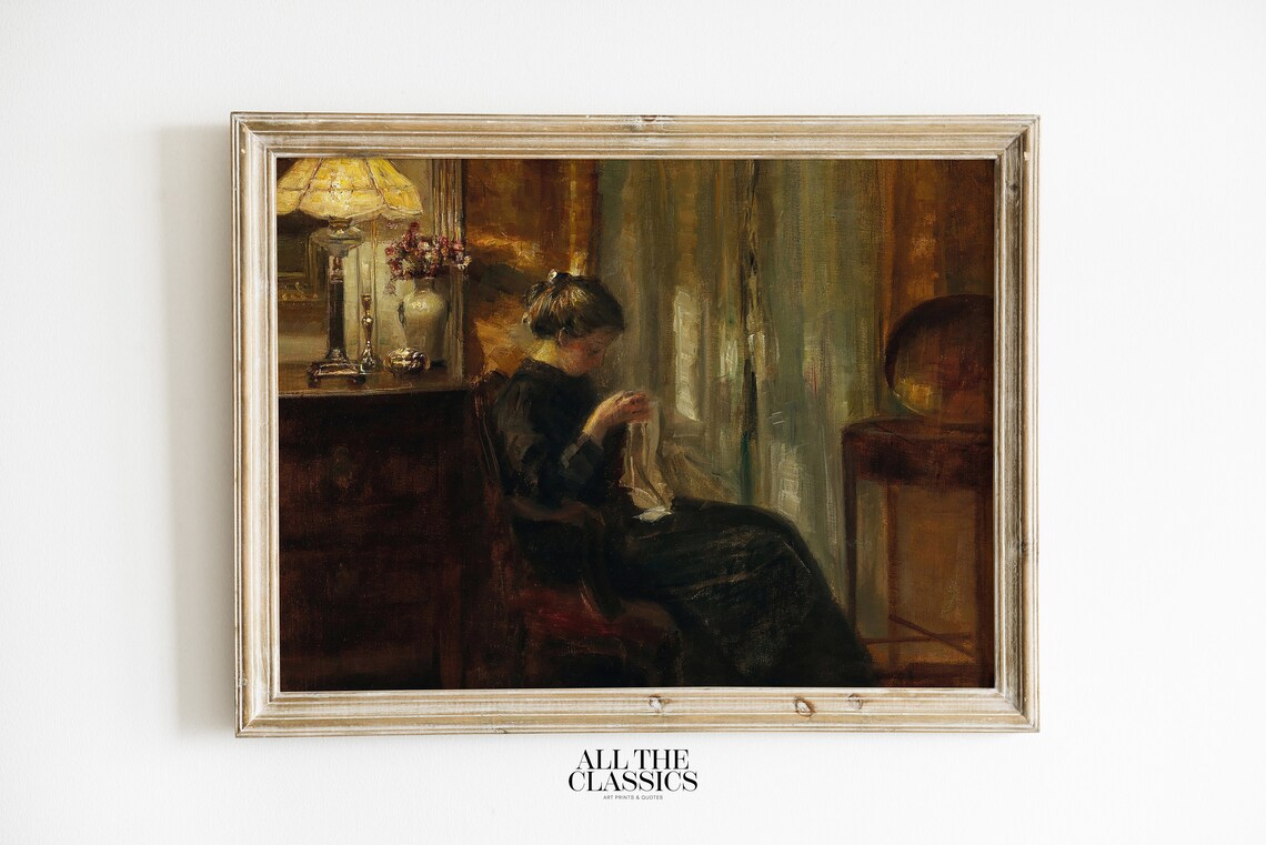Carl Holse A Woman Sewing Warm Lamplight Danish Interior Portrait Poster