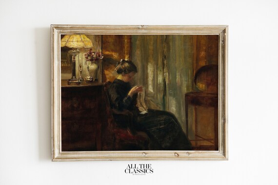 Carl Holse A Woman Sewing Warm Lamplight Danish Interior Portrait Poster