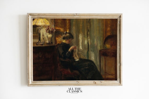 Vintage Art Print Wall Art Moody Rustic Victorian Female Portrait Dark Warm Colors A Woman Sewing Carl Holse