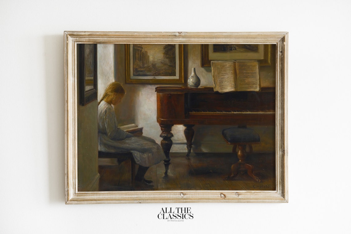 Young Girl Reading Beside a Piano in a Quiet Interior Poster