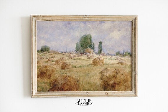 Haystacks in Golden Field Impressionist Harvest Painting Poster