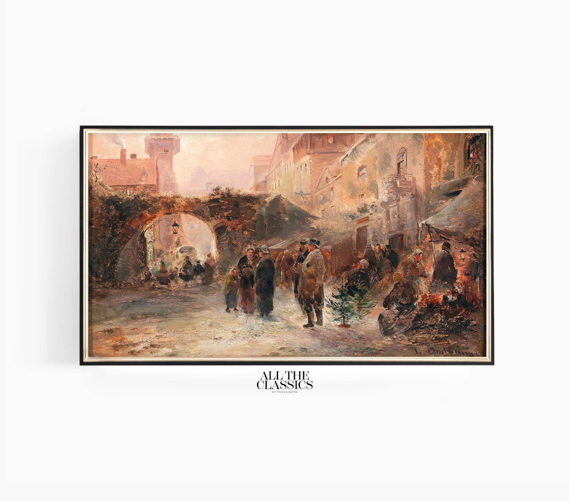 Old Town Winter Market under a Stone Arch Christmas Vintage Poster