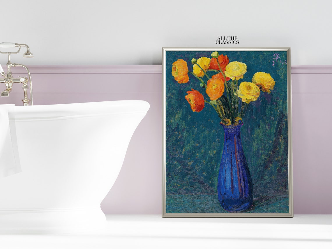 Yellow Ranunculus Flowers in Blue Vase Still Life Vintage Poster - Image 3