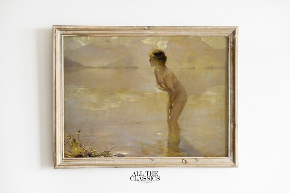 September Golden Lake Nude Bather Vintage Sepia Tone Art Poster