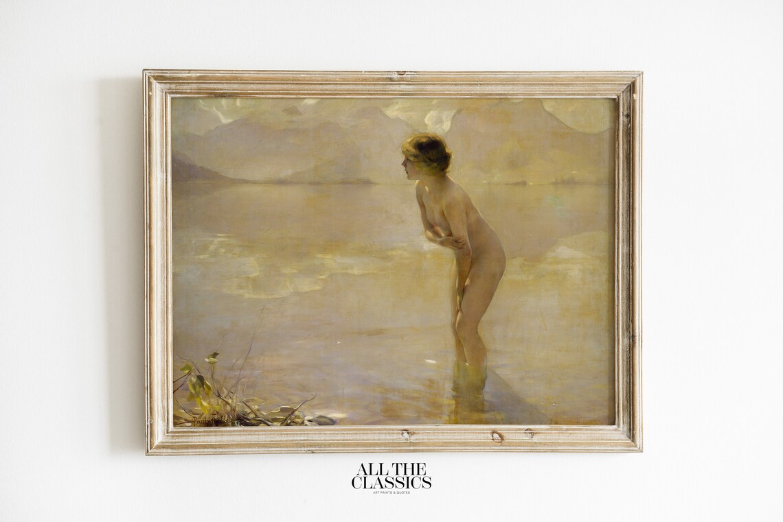 September Golden Lake Nude Bather Vintage Sepia Tone Art Poster