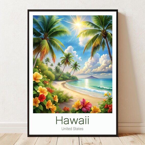 Hawaii Tropical Beach Poster Palm Trees Turquoise Ocean Sunset Island Escape
