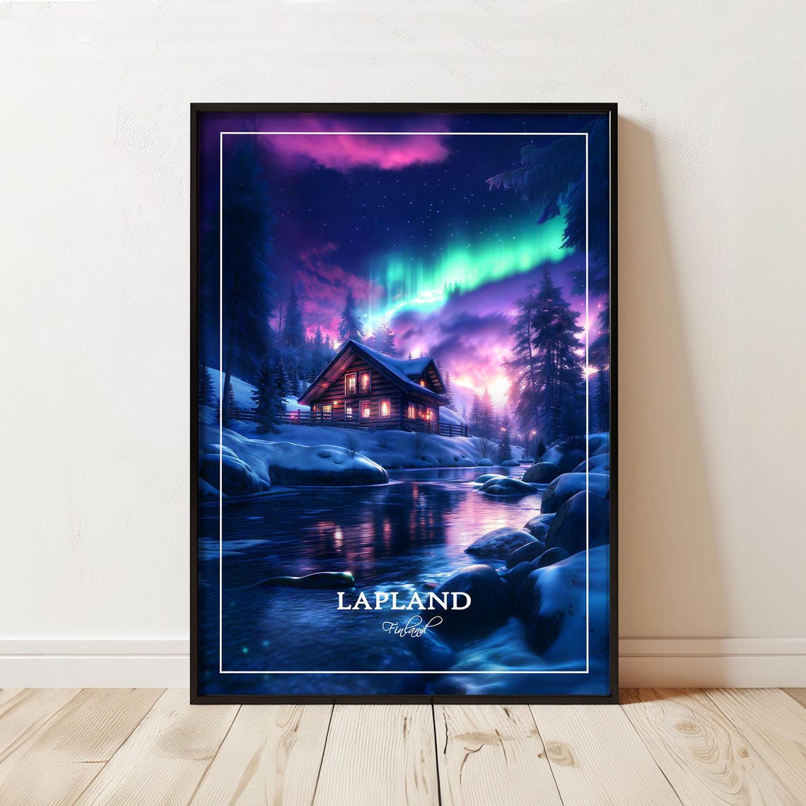 Lapland Finland Aurora Cabin Snowy Night Bordered Frame Style Poster