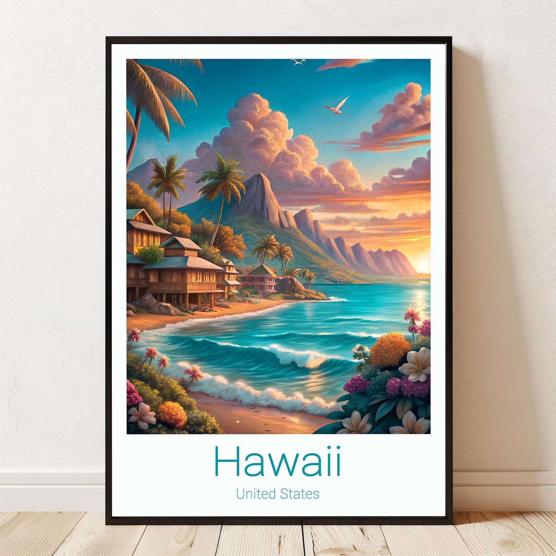 Hawaii Sunset Beach Tropical Huts Ocean Waves Travel Art Print