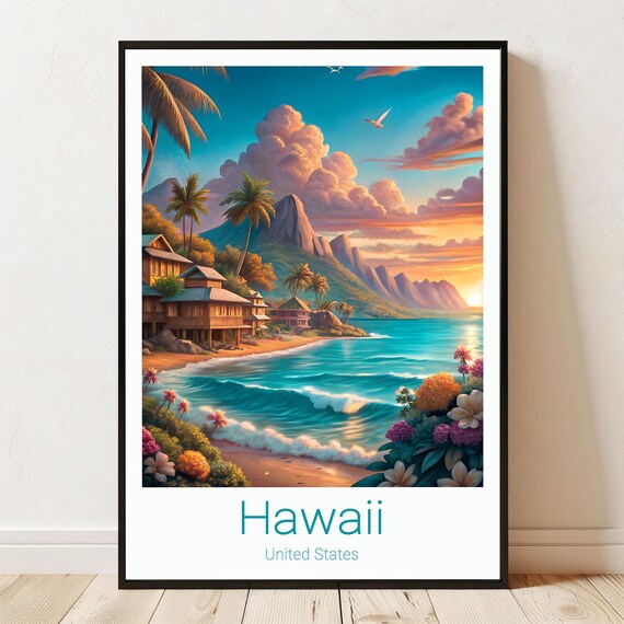 Hawaii Sunset Beach Tropical Huts Ocean Waves Travel Art Print