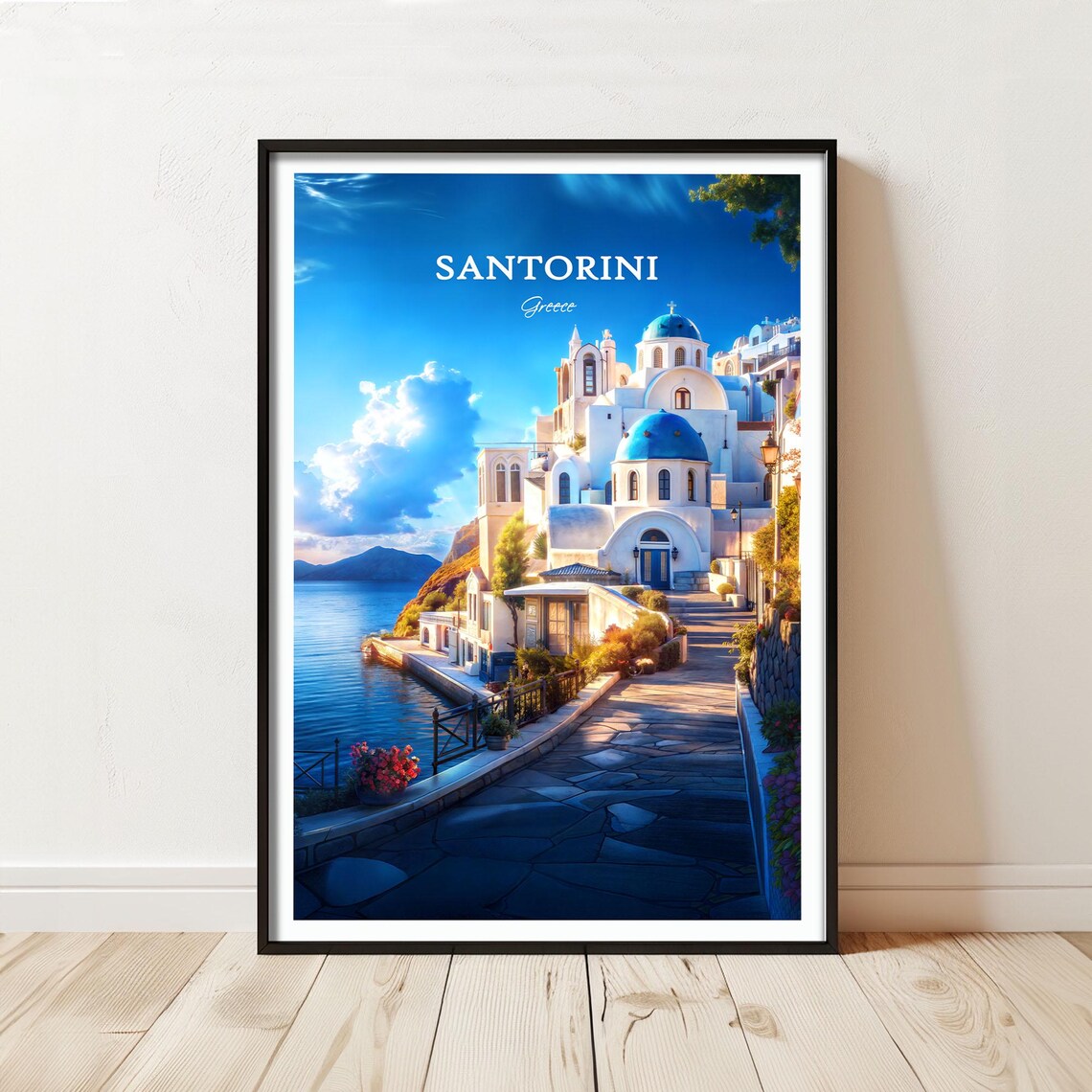 Santorini Greece Blue Dome Churches Aegean Sea Island Travel Poster