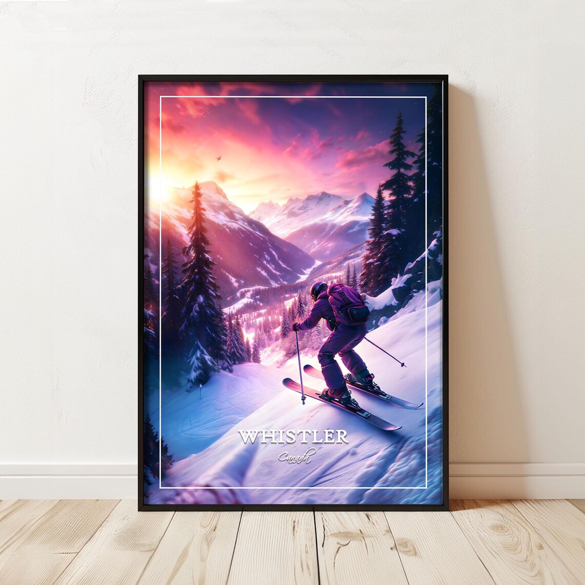Whistler Canada Ski Travel Poster Skier On Sunset Mountain Slope Scene