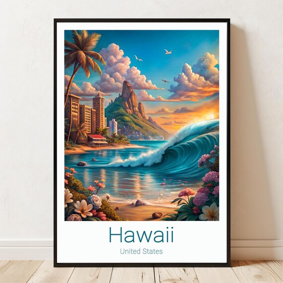 Hawaii Surf Wave Sunset Travel Poster Tropical Beach Ocean Scene
