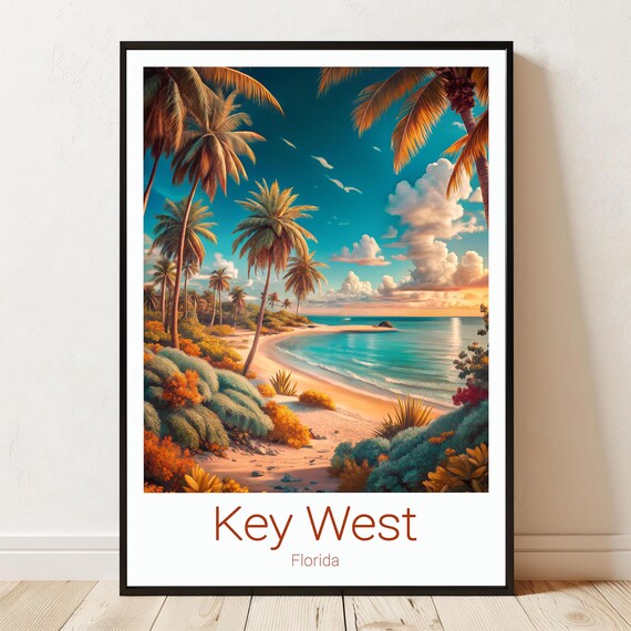 Key West Florida Tropical Beach Sunset Palm Trees Travel Poster