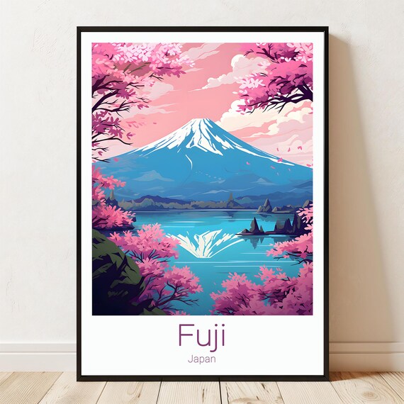 Mount Fuji Japan Iconic Cherry Blossom Lake Spring Travel Poster