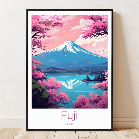 Mount Fuji Travel Poster Japan Cherry Blossoms Scenic Print