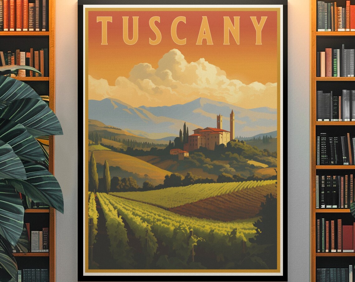 Tuscany Vineyard Hills Hilltop Villa Cypress Vintage Travel Poster