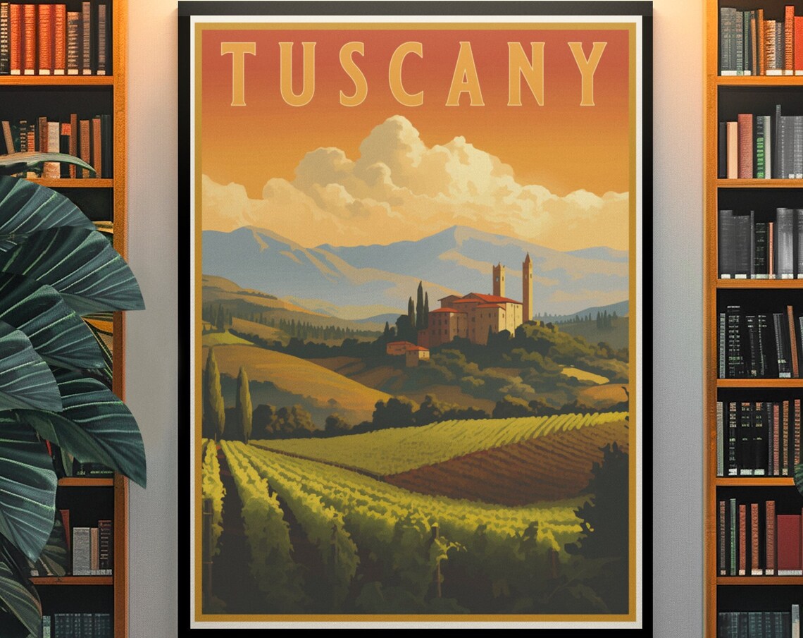 Tuscany Italy Vineyard Hills Sunset Village Vintage Travel Poster