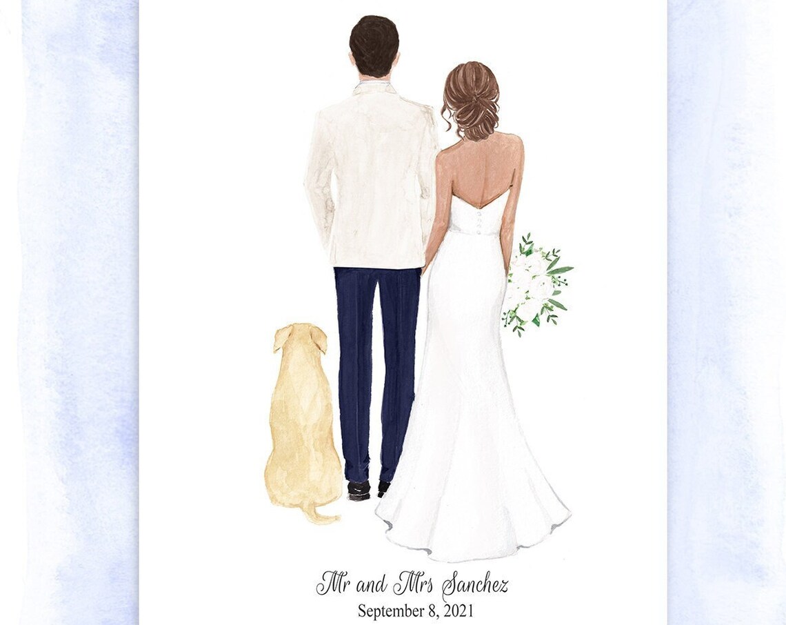 Personalized Wedding Gift Bride Groom and Dog with Names Poster