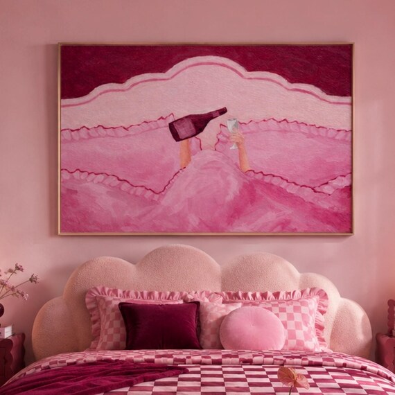 Woman Drinking Wine in Pink Bed Playful Above Bed Art Poster