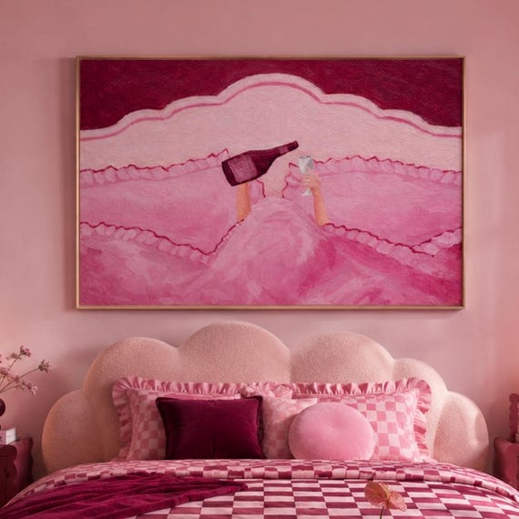 Woman Drinking Wine In Ruby Pink Bed Print Horizontal Above Wallart Handdrawn Midcentury Bedroom Poster Retro Stay Oil Painting