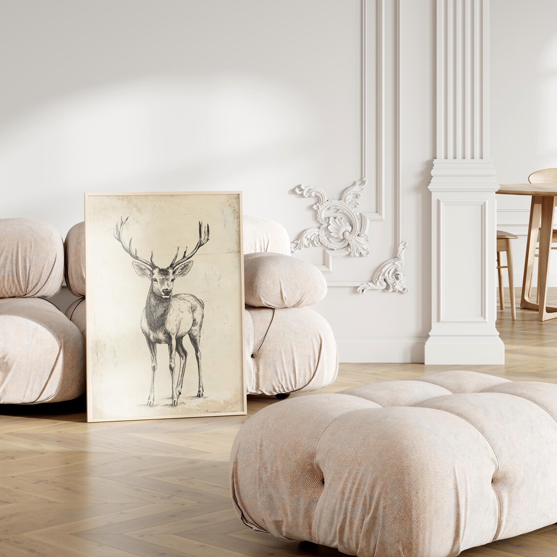 Standing Stag Full Body Vintage Sketch Aged Paper Art Poster - Image 3